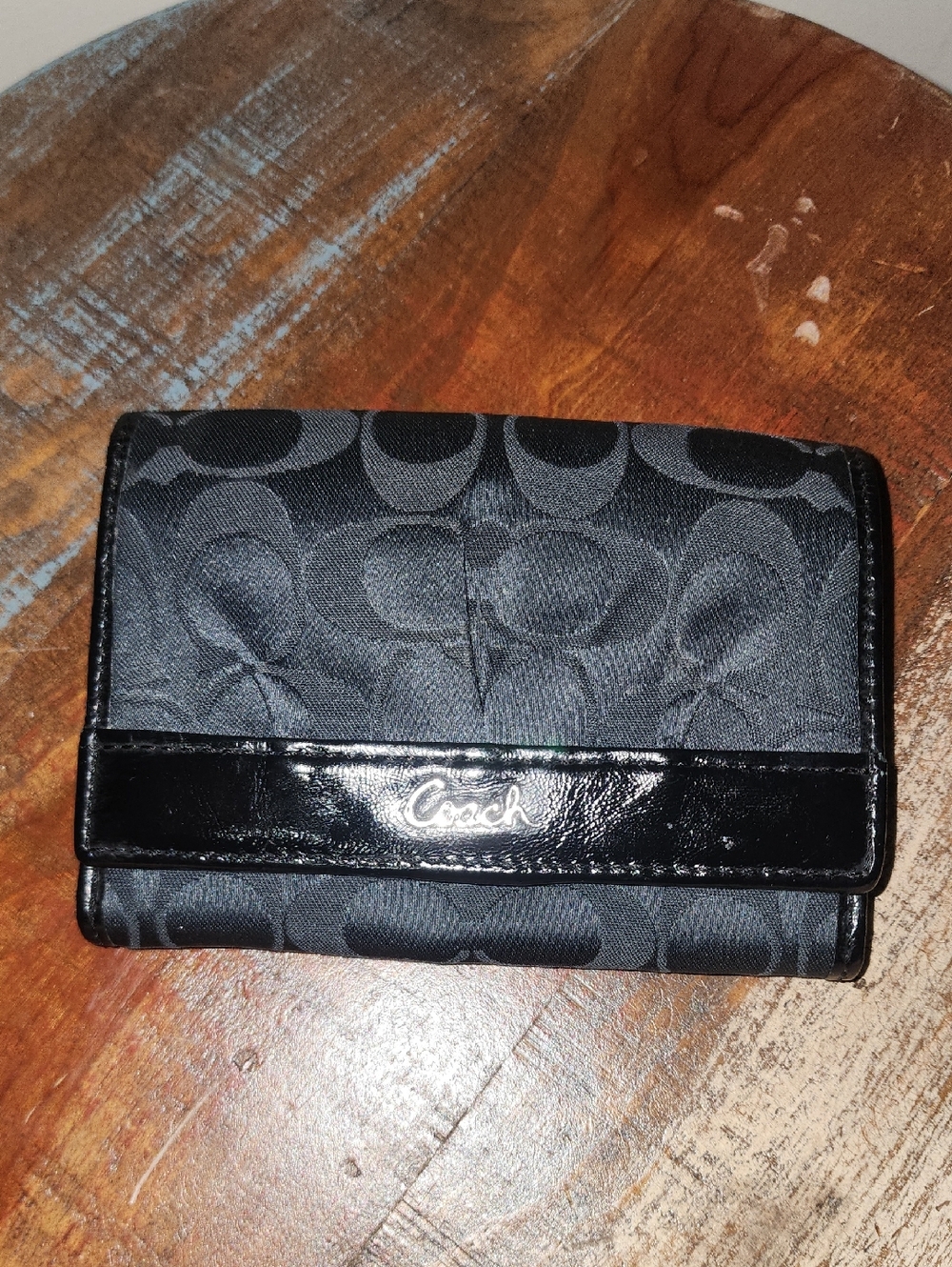 Coach Black Signature Compact Trifold Leather Wallet
